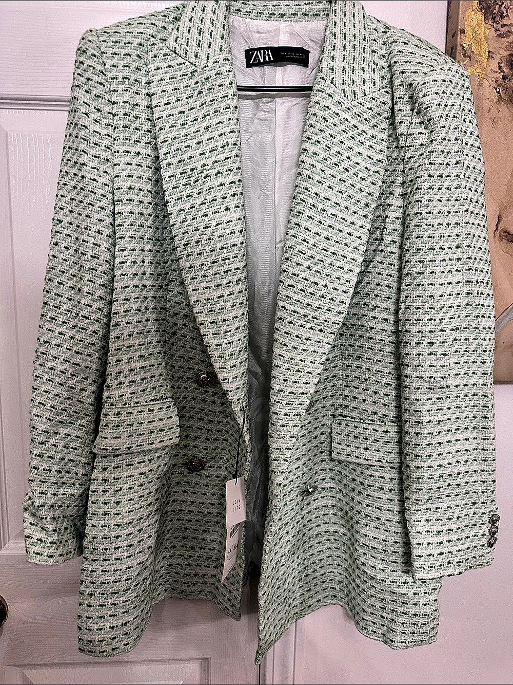 Zara Green Tweed Double Breasted Blazer Green & White Medium